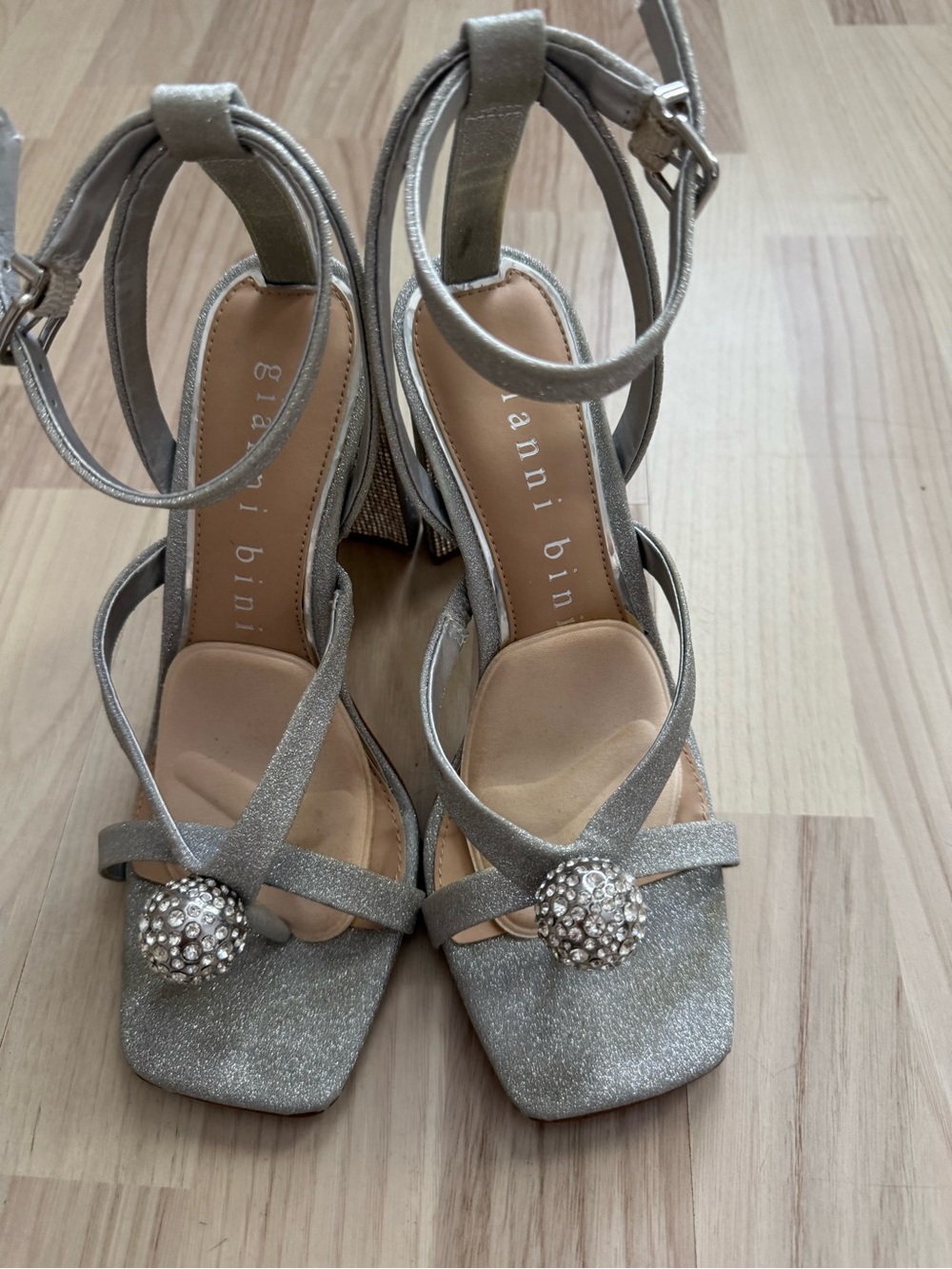 Gianni Bini Silver Glitter Strappy Block Heels with Crystal Orb Accent